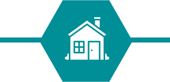 White house icon on teal hexagon background.