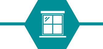 Icon of a window in teal hexagon.