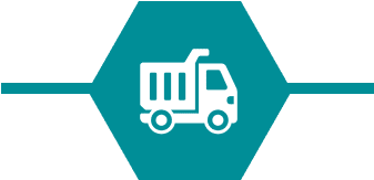 Icon of a dump truck in hexagon.