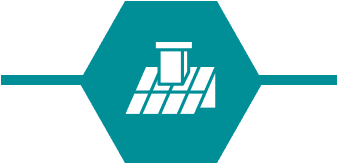 Solar panel icon on teal hexagon background.